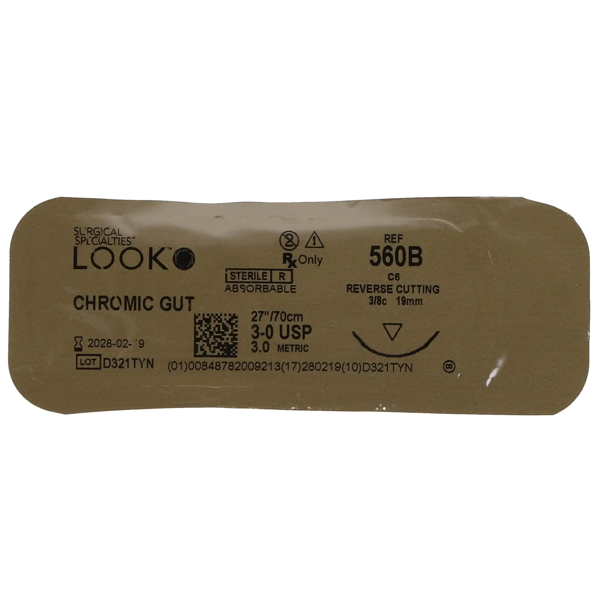 Look 560B Chromic Gut Suture, 3-0, 27" (70 cm), C-6 Reverse Cutting 3/8 Circle Needle, 12/Box