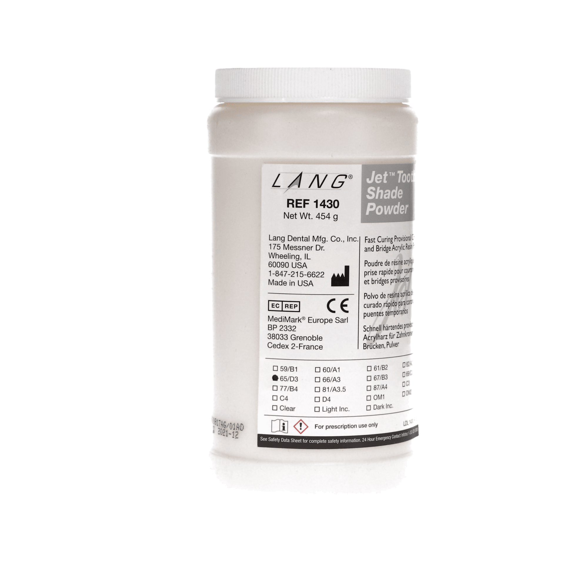 Jet Tooth Shade Self-Curing Acrylic Resin Powder, Shade 65/D3, 16 oz (454 g), 1430-65