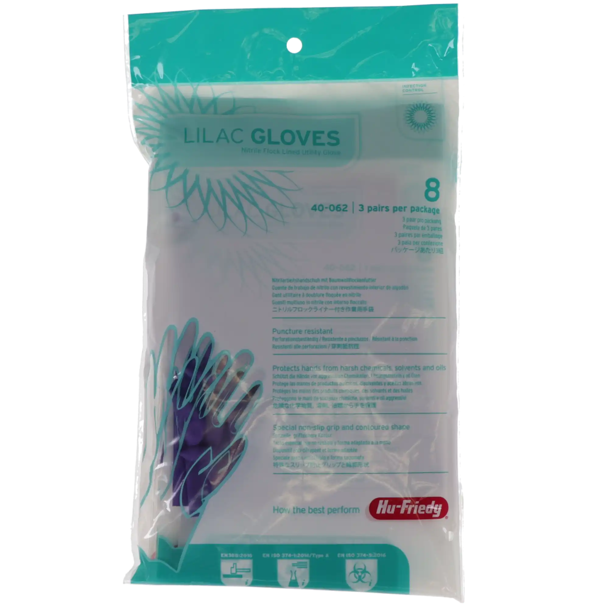 Hu-Friedy IMS Lilac Utility Nitrile Gloves, Medium (Size 8), Powder-Free, Flocklined, 3 Pairs/Box, 40-062