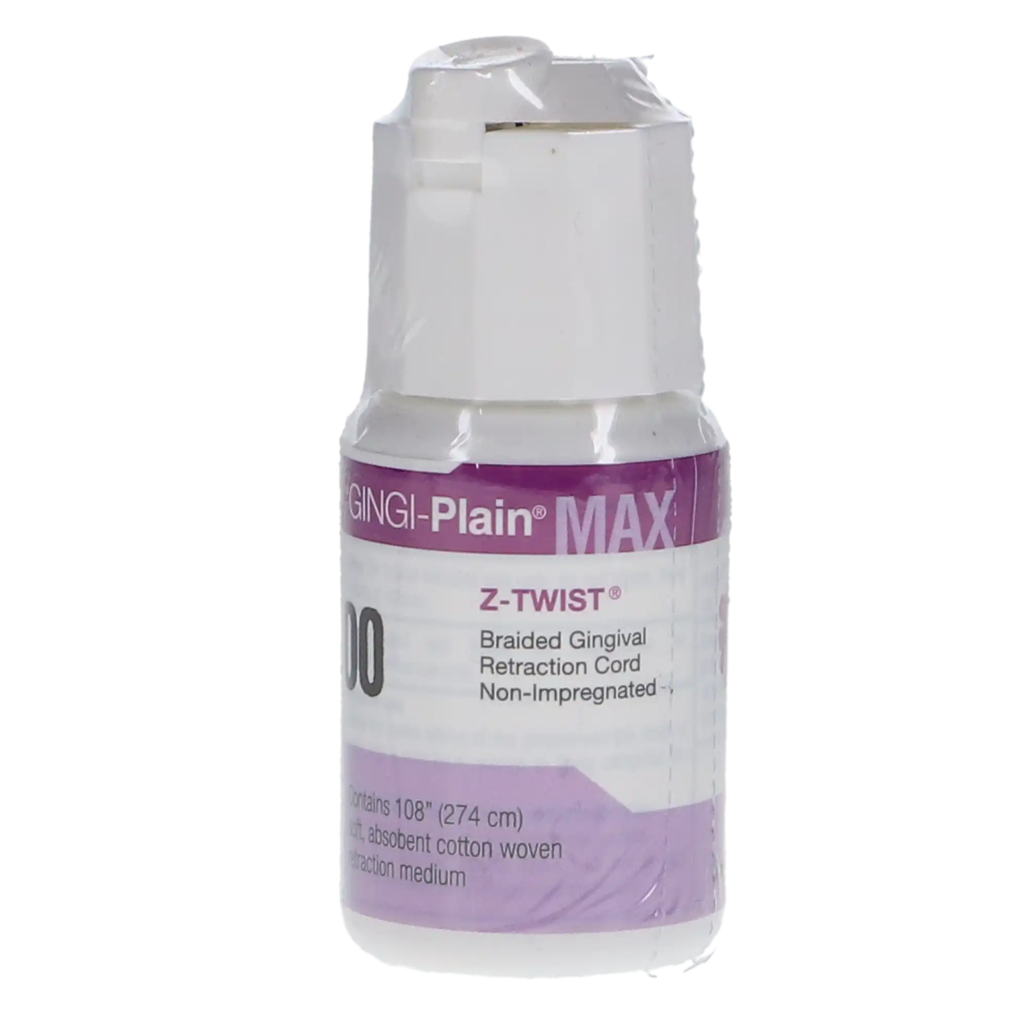 Gingi-Pak Gingi-Plain MAX Z-Twist Weave Retraction Cord, Non-Impregnated, Size #00 (Very Thin), 100% Cotton, 108" per Bottle, 11170M