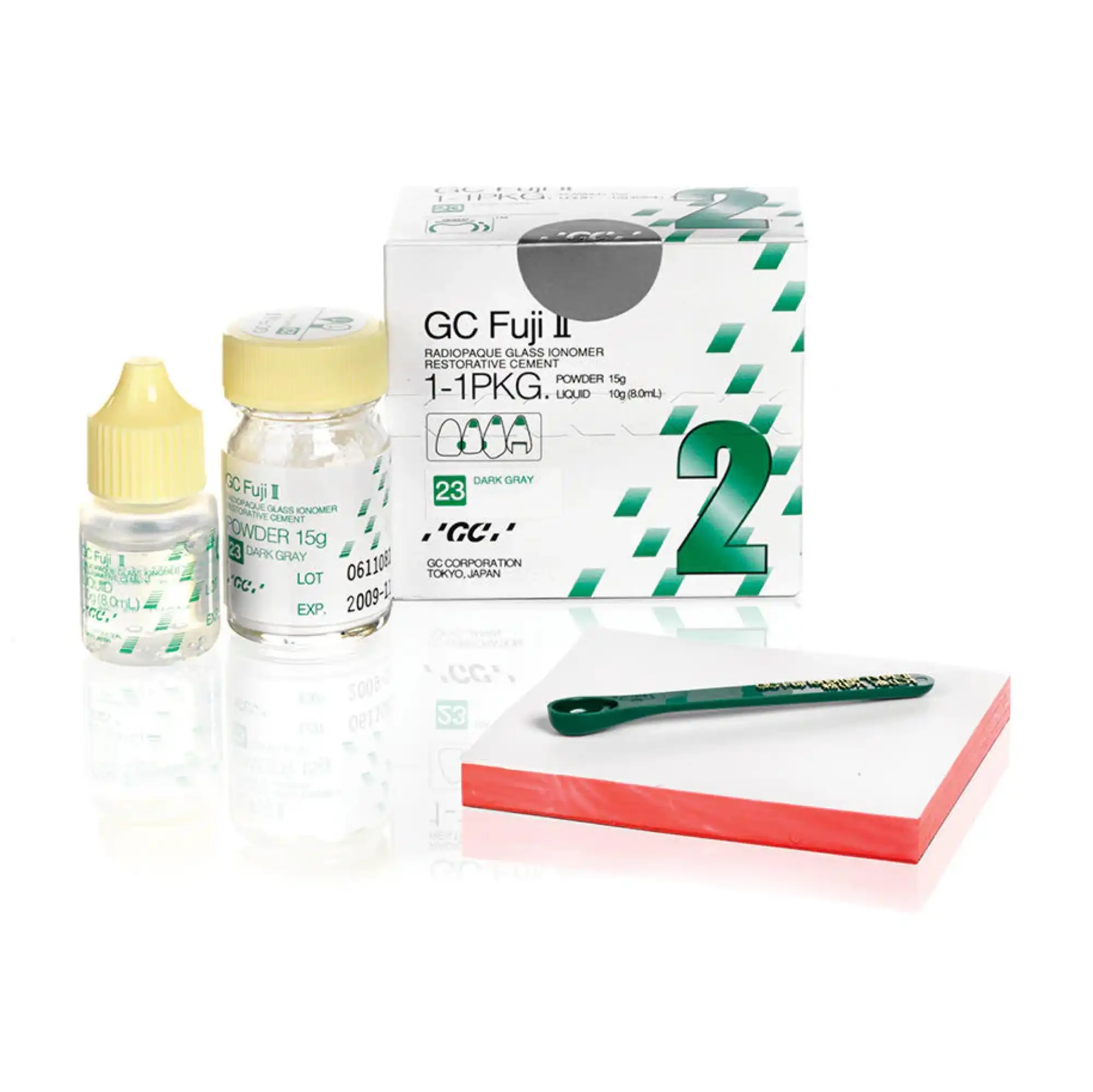 GC Fuji II Glass Ionomer Restorative, Self-Cure, 1:1 Package, Shade #21 Pale Yellow, 15 g Powder / 8 mL Liquid Kit, 1/Pk, 000101