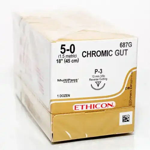 Ethicon Chromic Gut Absorbable Suture, 5-0, 18" with P-3 Precision Point Reverse Cutting Needle (3/8 Circle, 13mm), 12/Box, 687G