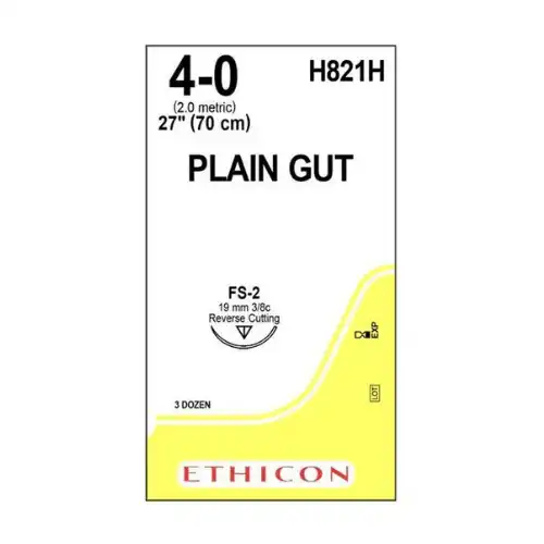 Ethicon Plain Gut Suture, 4-0, 27", FS-2 Reverse Cutting Needle, 36/Box, H821H