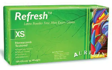 Aurelia Refresh PF Latex Examination Gloves, Powder-Free, Honeycomb Textured, Peppermint, X-Large, 100/Box