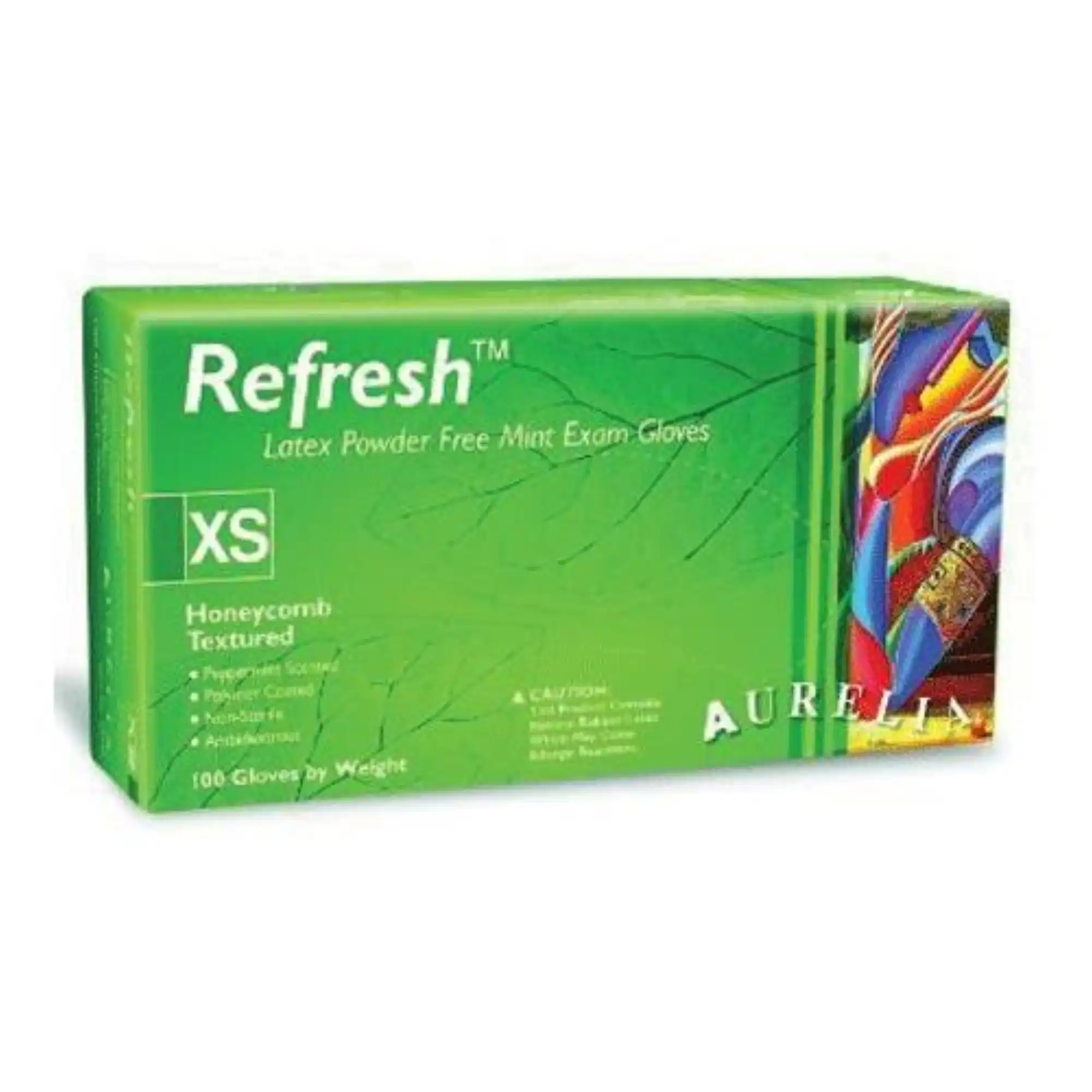 Aurelia Refresh Latex Exam Gloves, Powder-Free, Peppermint Scented, Honeycomb Textured, Extra Small, Green, 100/Box