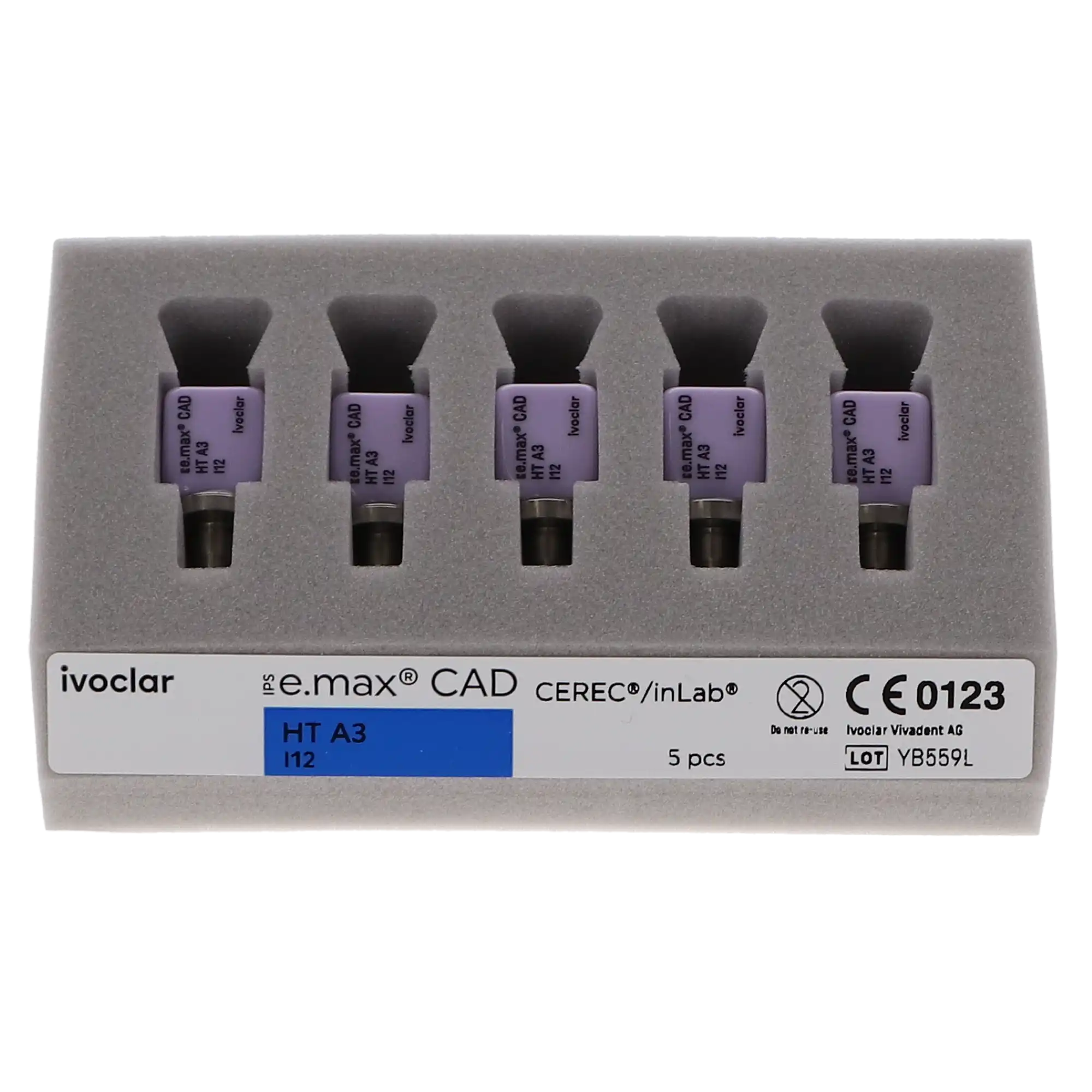 IPS e.max CAD Lithium Disilicate CAD/CAM Block, High Translucency, I12, A3, 5/Pk, 626393