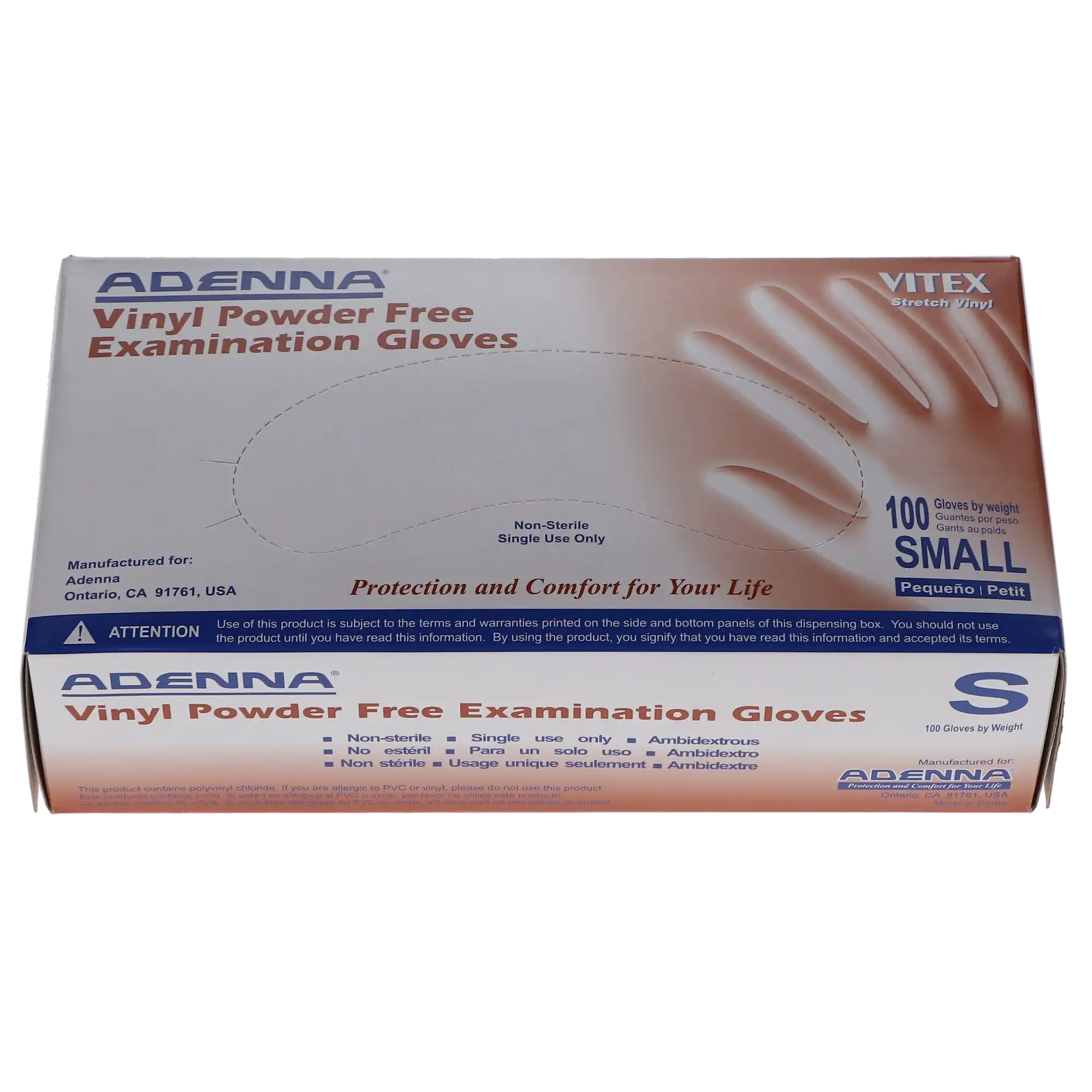 Adenna Vitex Vinyl Exam Gloves, Powder-Free, Non-Sterile, Small, Cream, 100/Box, VTX992