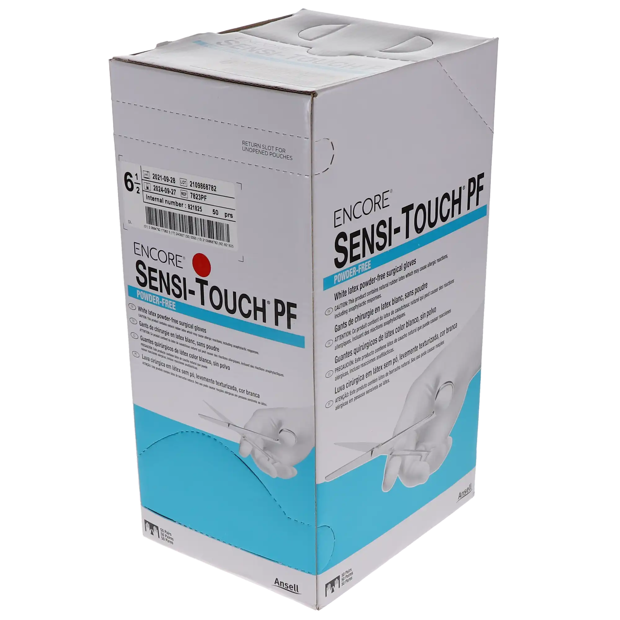 Encore Sensi-Touch Latex Surgical Gloves, Powder-Free, Sterile, Size 6.5, White, 50 Pairs/Box, 7823PF