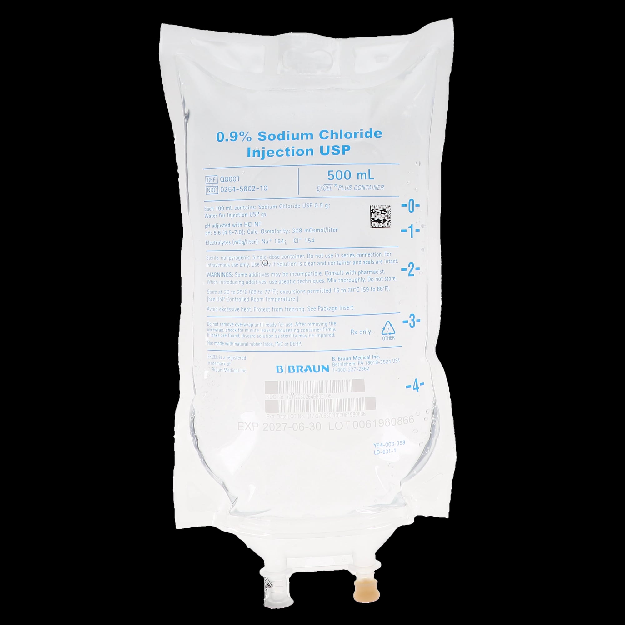 B. Braun 0.9% Sodium Chloride Injection USP, 500 mL, EXCEL Plus PVC-Free IV Bag, Q8001