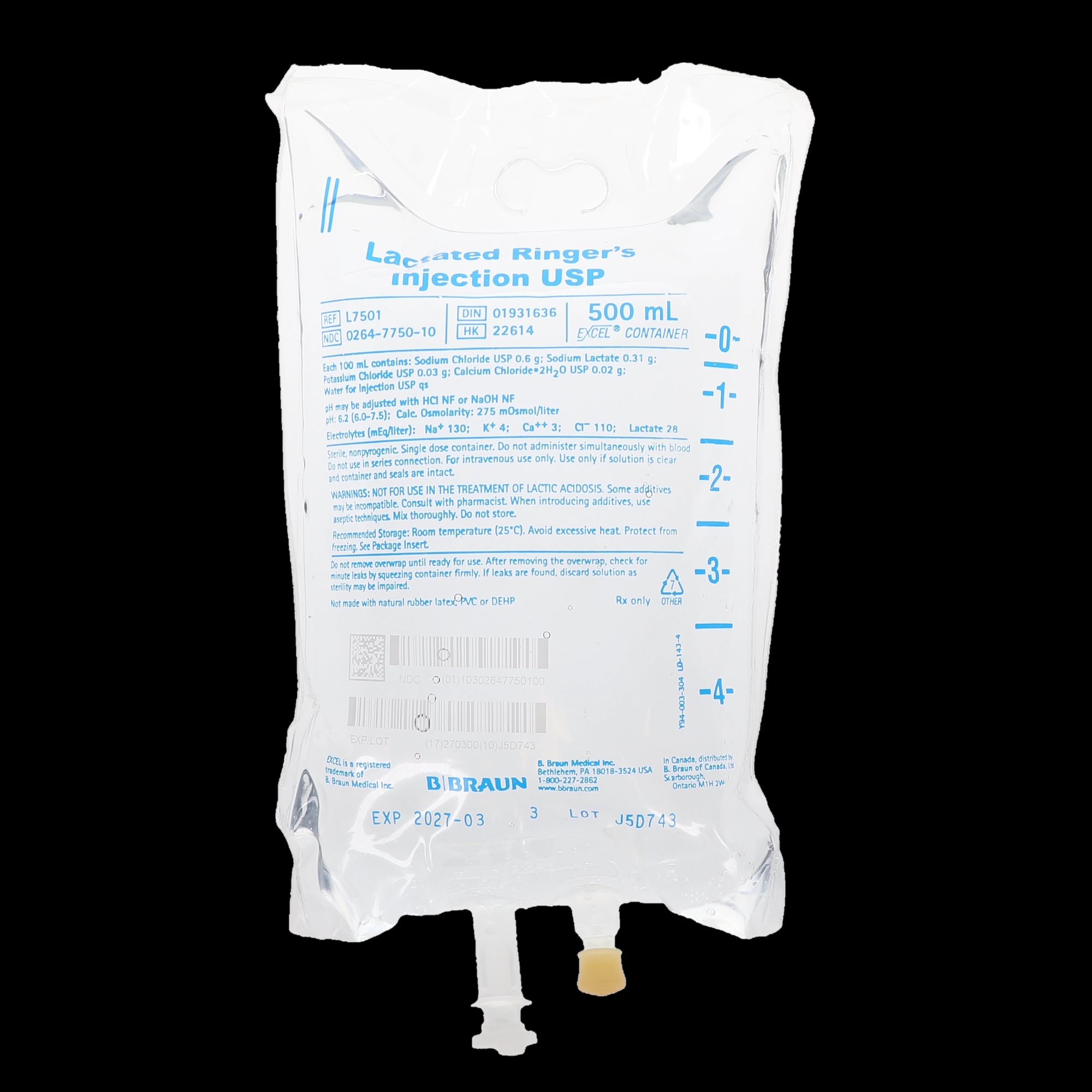 B. Braun Lactated Ringer's Injection USP, 500 mL Plastic Bag, L7501