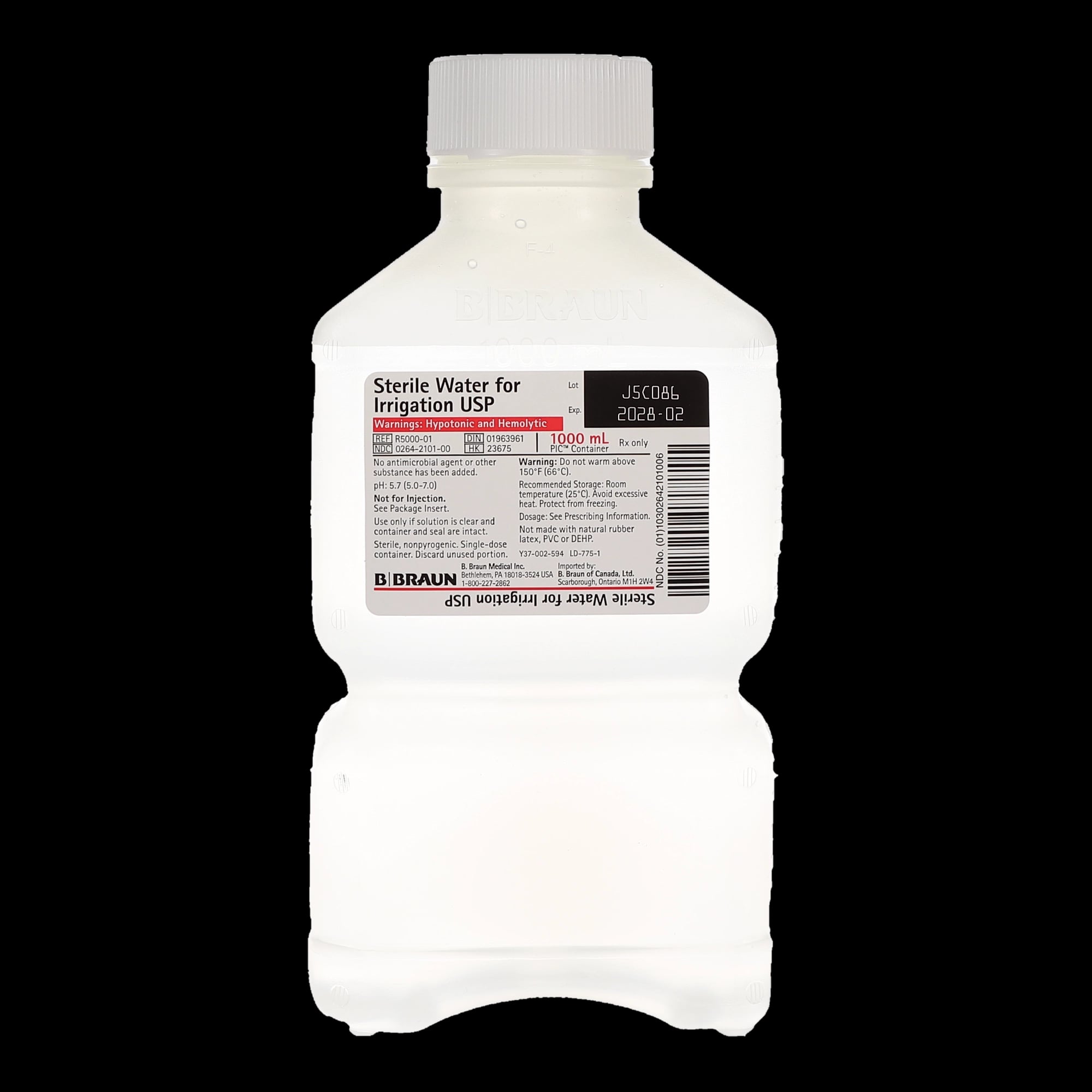 B. Braun Sterile Water for Irrigation, USP, 1000 mL Plastic Irrigation Container, R5000-01