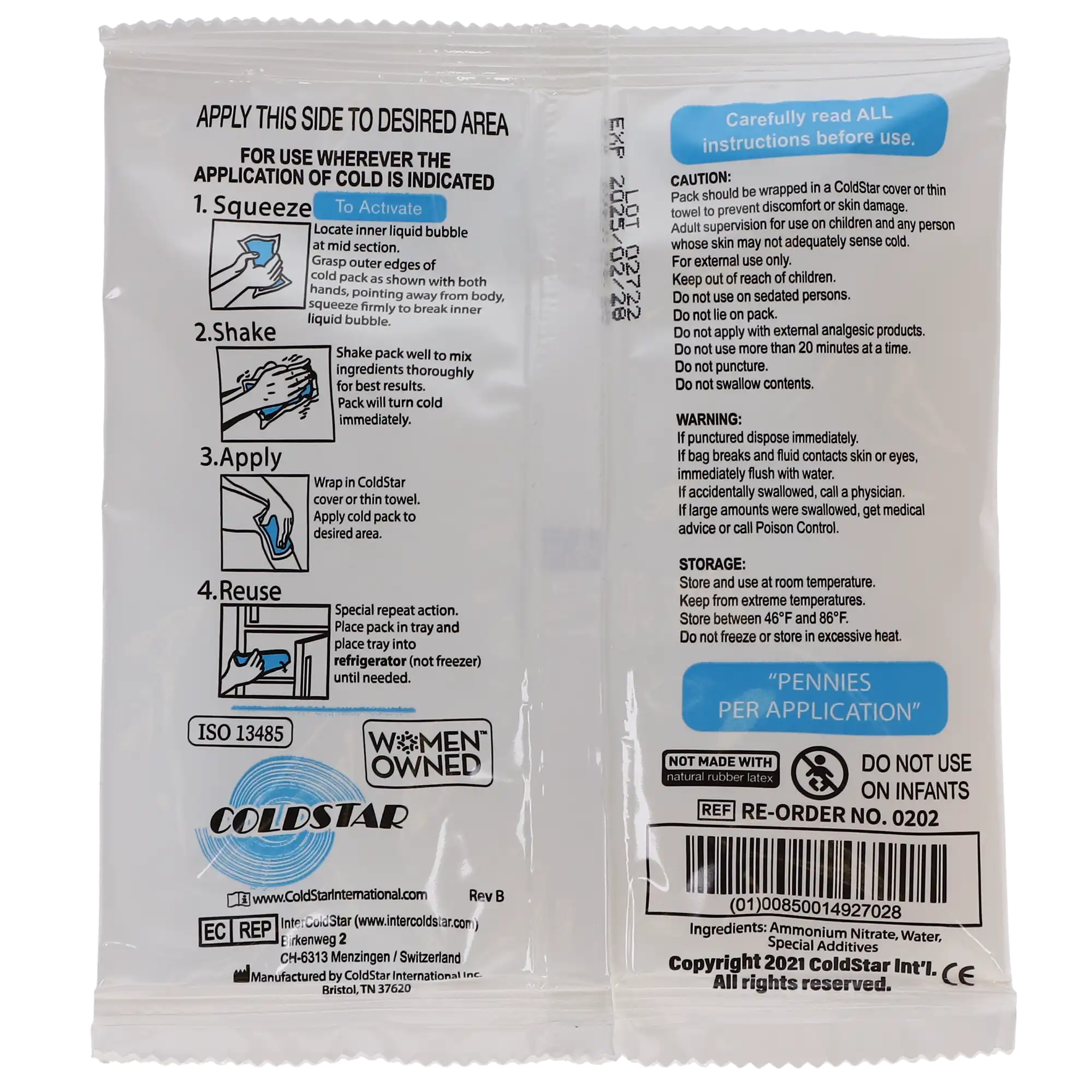 ColdStar Reusable Instant Cold Pack, Junior, 5" x 7", 24/Case, 20204