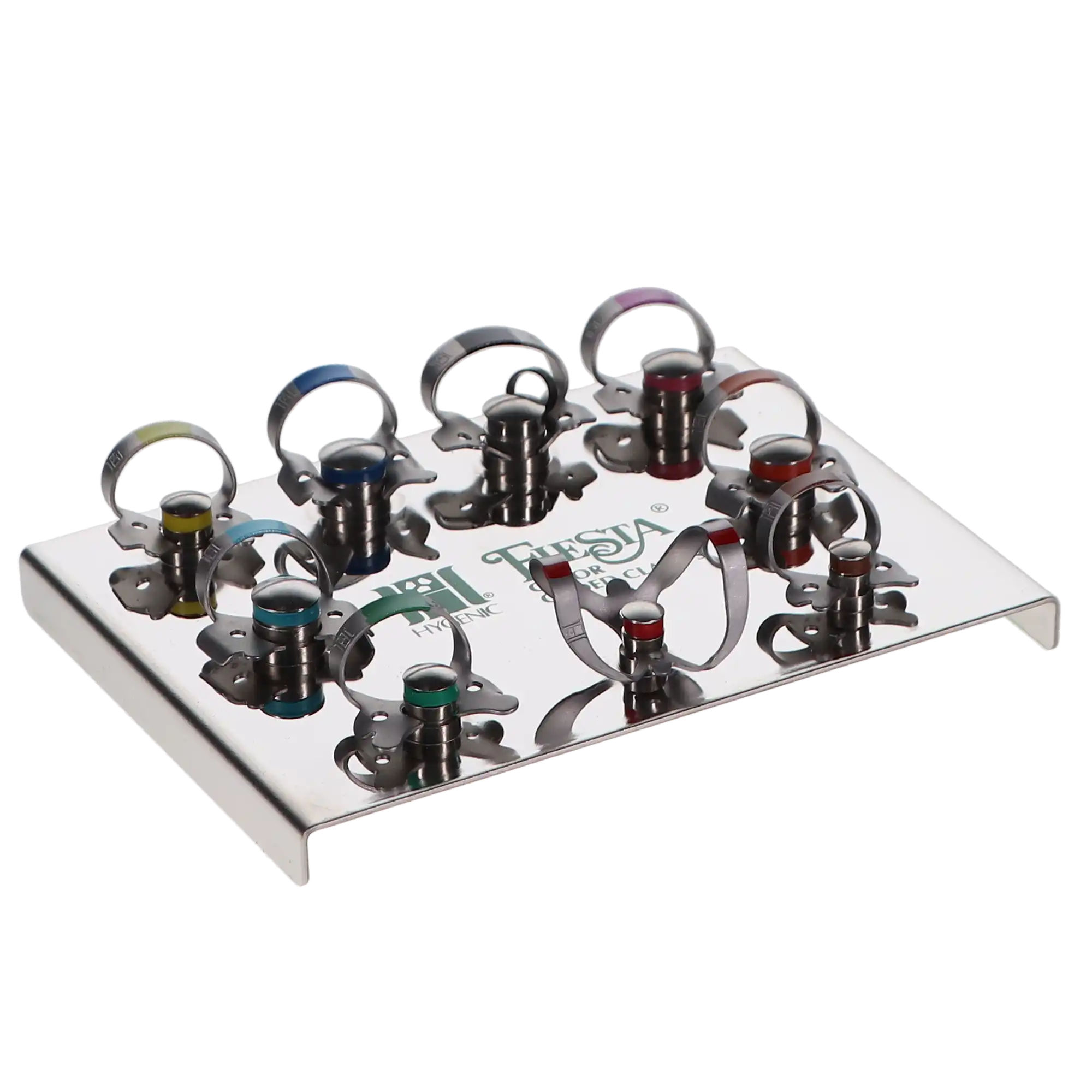 Hygenic Fiesta Color-Coded Winged Rubber Dam Clamp Kit, 9 Clamps (Sizes 2, 2A, 4, 7, 8A, 9, 12A, 13A, 14A) with Organizer, H09966