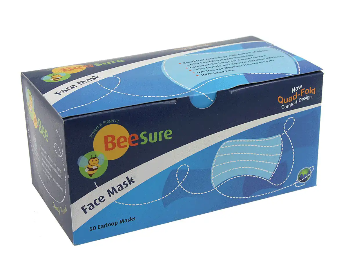 BeeSure Earloop Face Masks, ASTM Level 2, 4-Ply, Quad-Fold, Blue, 50/Box, 2100B
