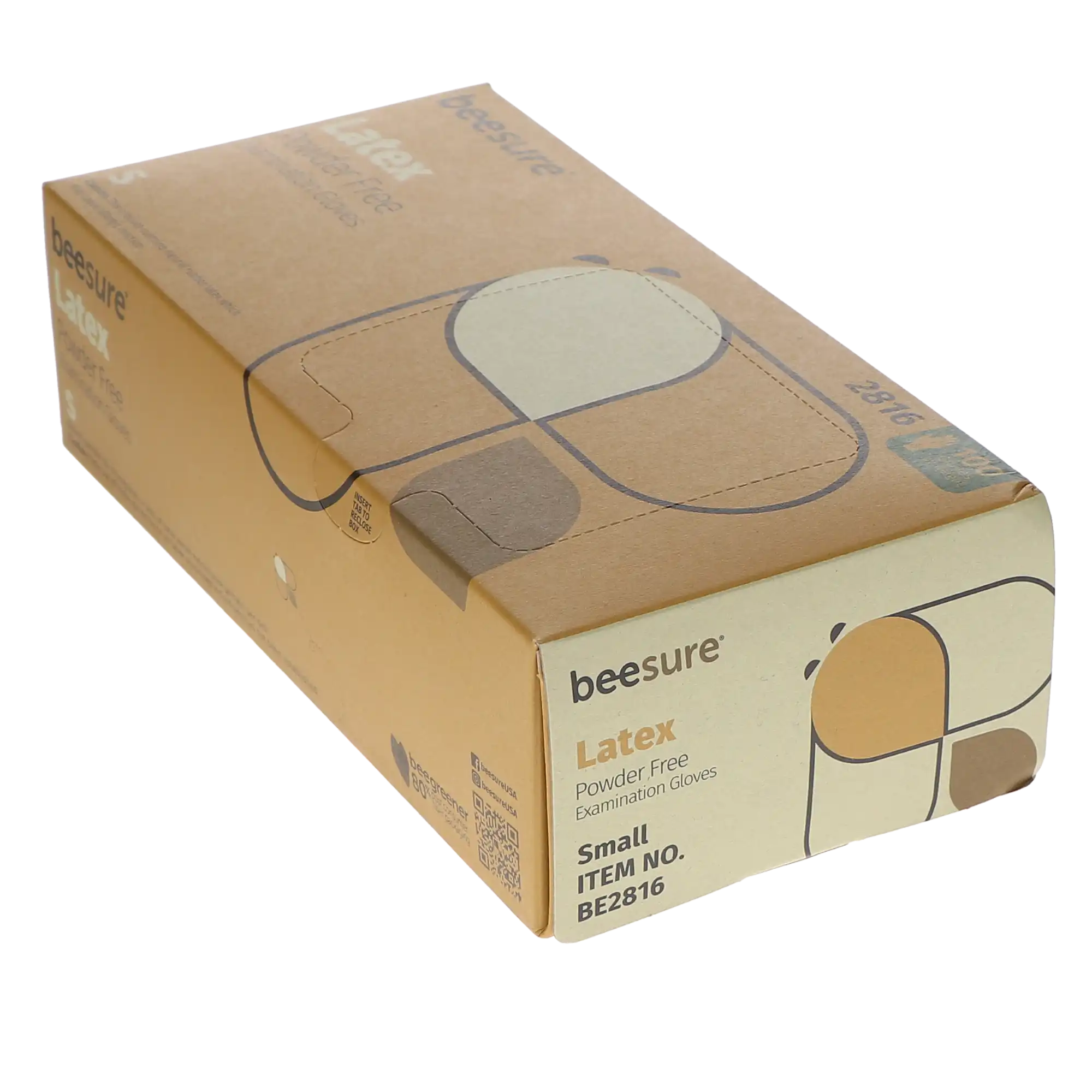 BeeSure Latex Powder-Free Exam Gloves, Small, Natural, 100/Box, 2816