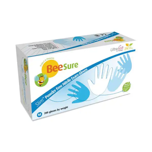 BeeSure Slim Nitrile Examination Gloves, Powder-Free, Non-Latex, Medium, Soft White, 200/Box