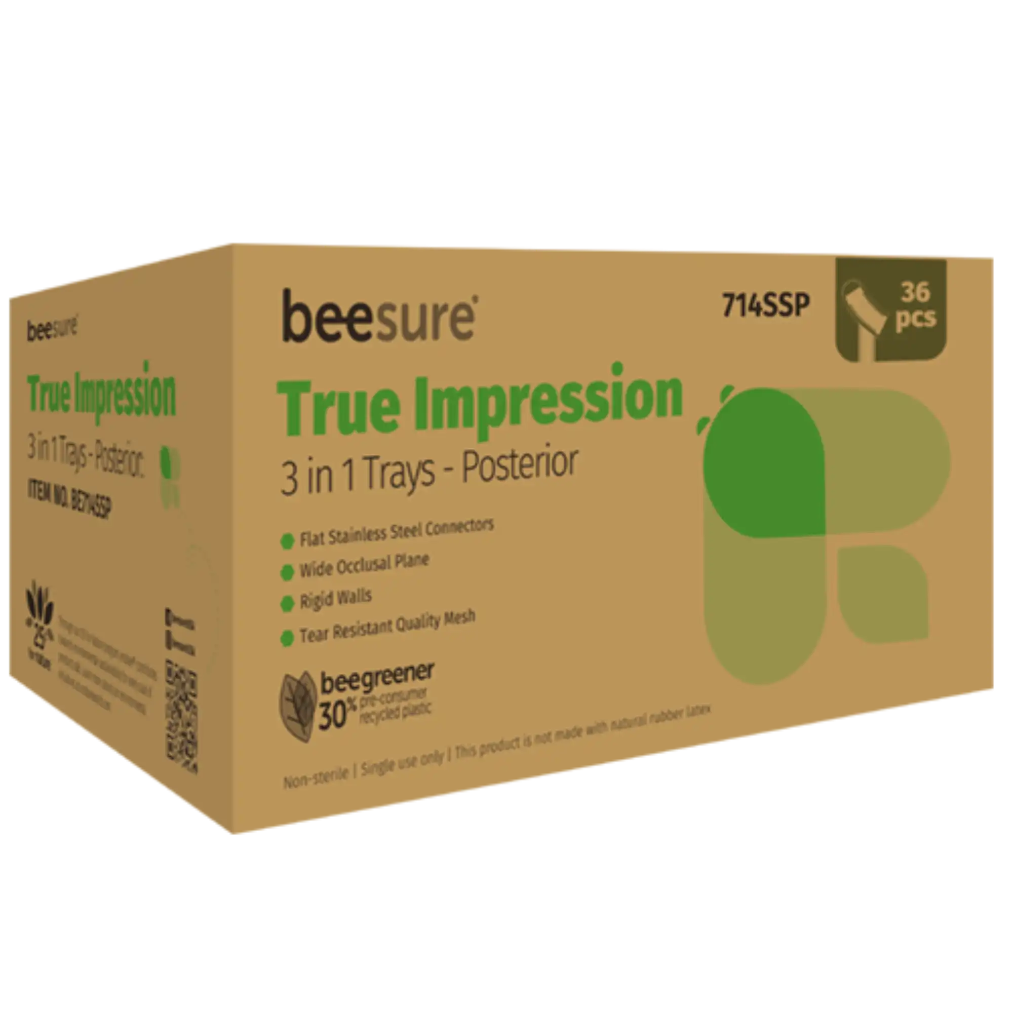 BeeSure True Impression 3-in-1 Posterior Bite Trays, Stainless Steel Connector, 36/Box, BE714SSP