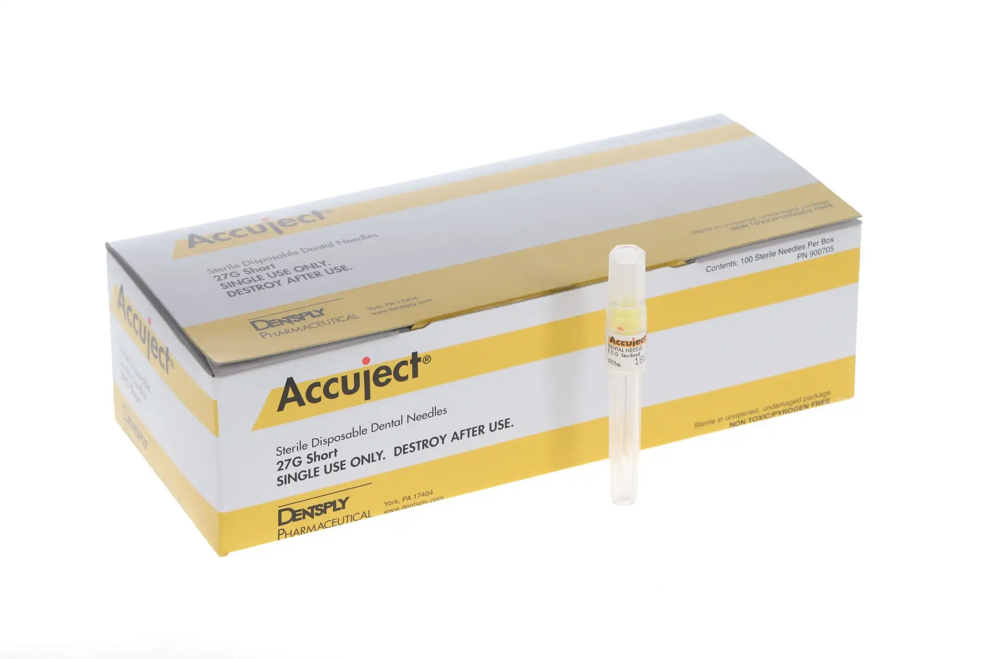 Accuject Disposable Dental Needles, Plastic Hub, 27 Gauge Short (21mm), Yellow, Sterile, 100/Box, 900705
