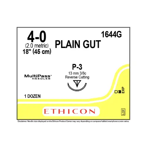 Ethicon 4-0 Plain Gut Absorbable Sutures with P-3 Reverse Cutting Needle, 18", 12/Bx, 1644G