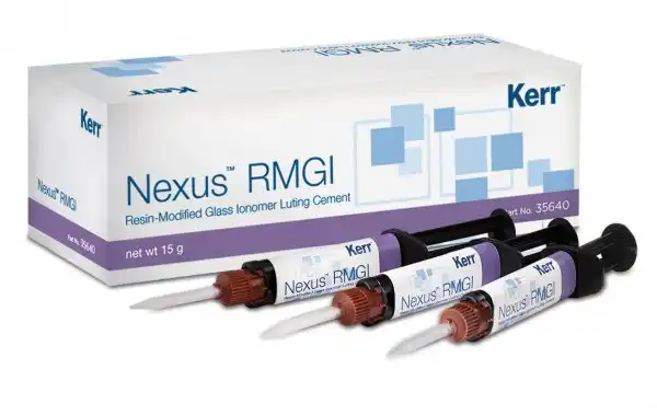 Kerr Nexus RMGI Glass Ionomer Luting Cement, Dual-Mix Syringe Kit, Translucent White, 3 x 5 g Syringes, 24 Tips, 35640
