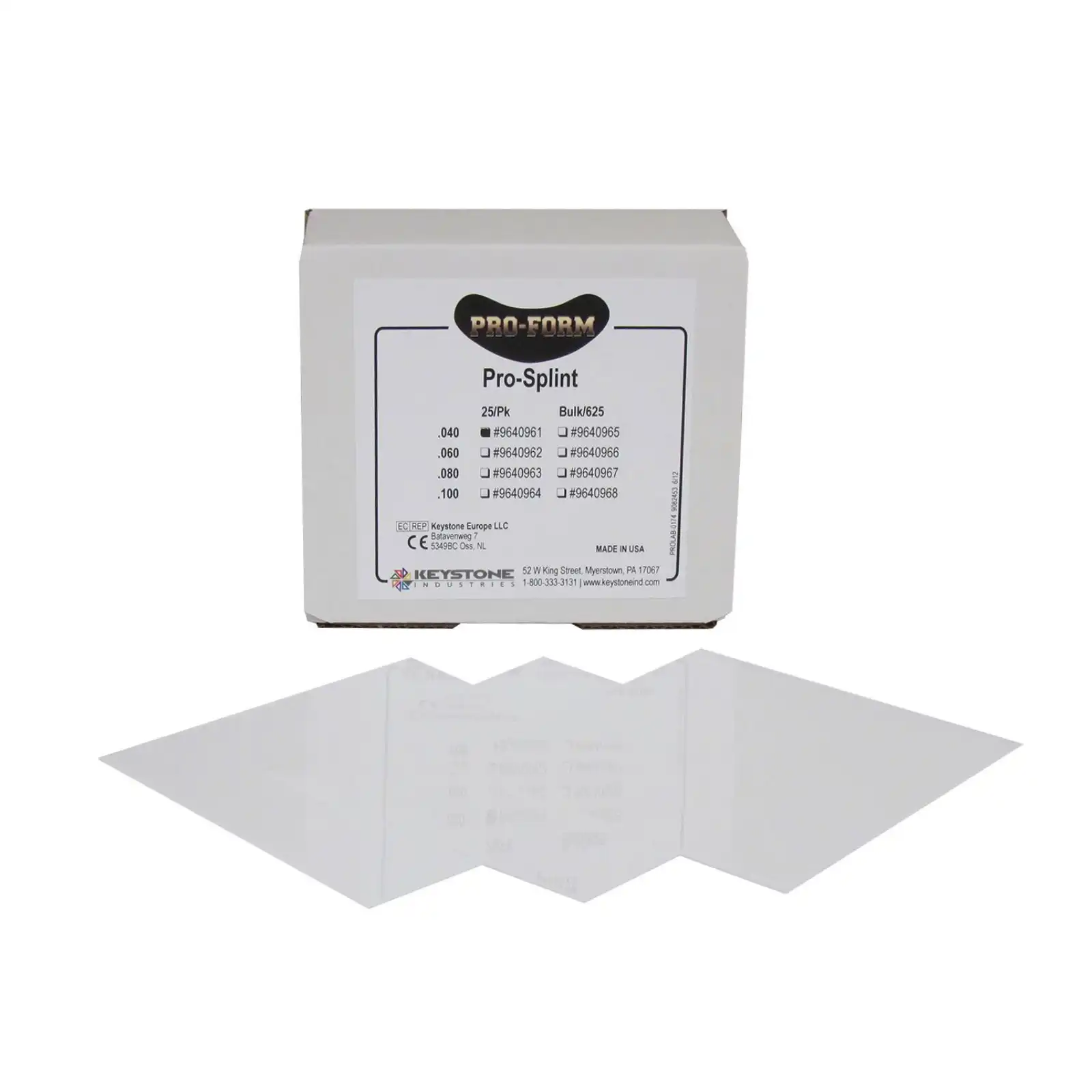 Keystone Pro-Form Pro-Splint Material, 5" x 5", 0.040" Thick, 25/Pk, 9640961