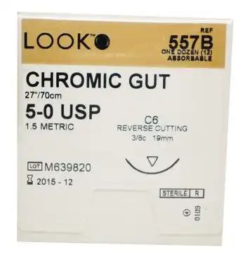 LOOK Sharpoint Chromic Gut Suture, 5-0, 27" (70 cm), C-6 Reverse Cutting Needle, 3/8 Circle, 18 mm, Undyed, 12/Pk, 557B