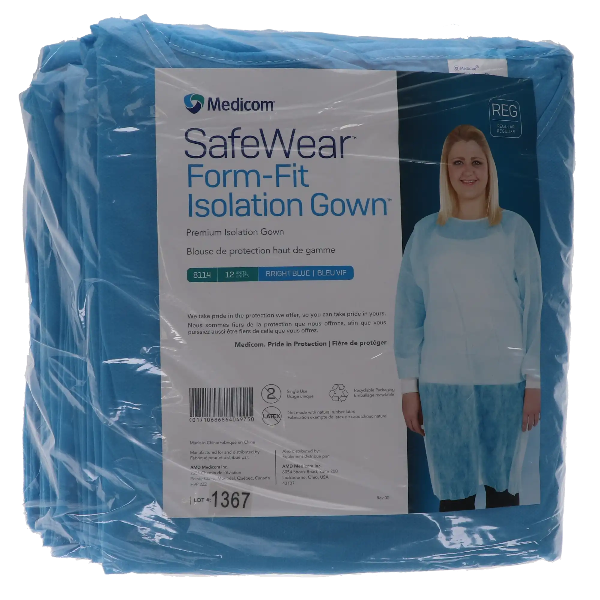 SafeWear Form-Fit Disposable Isolation Gown, Regular, Bright Blue, 12/Pk, 8114