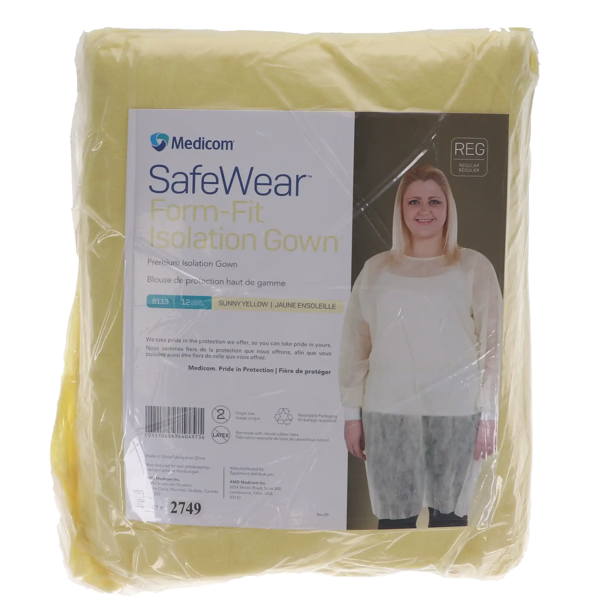 Medicom SafeWear Form-Fit Disposable Isolation Gown, Regular, Sunny Yellow, 12/Pk, 8113