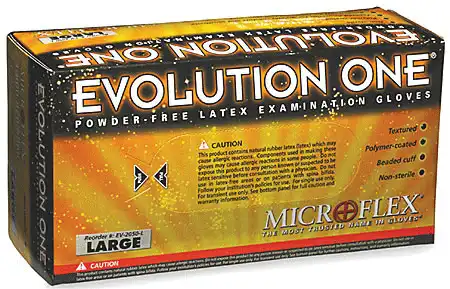 Evolution One EV-2050 Latex Examination Gloves, Powder-Free, Non-Sterile, Textured, Large (8.5-9.0), 100/Box, EV-2050-L
