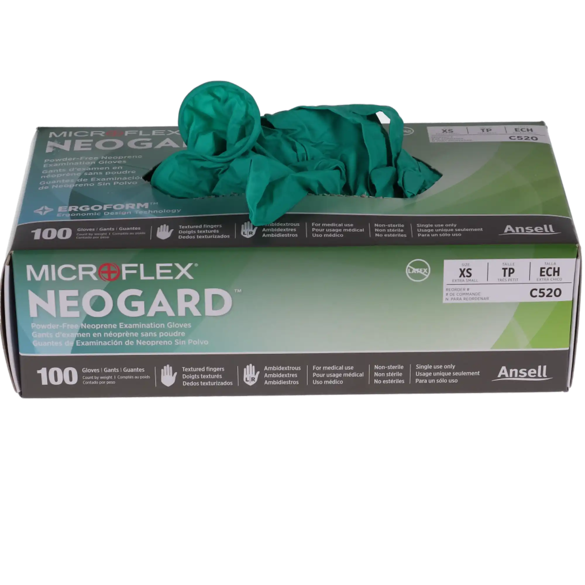 Microflex Neogard C52 Chloroprene Examination Gloves, Powder-Free, Non-Sterile, Small, Green, 100/Box, C521