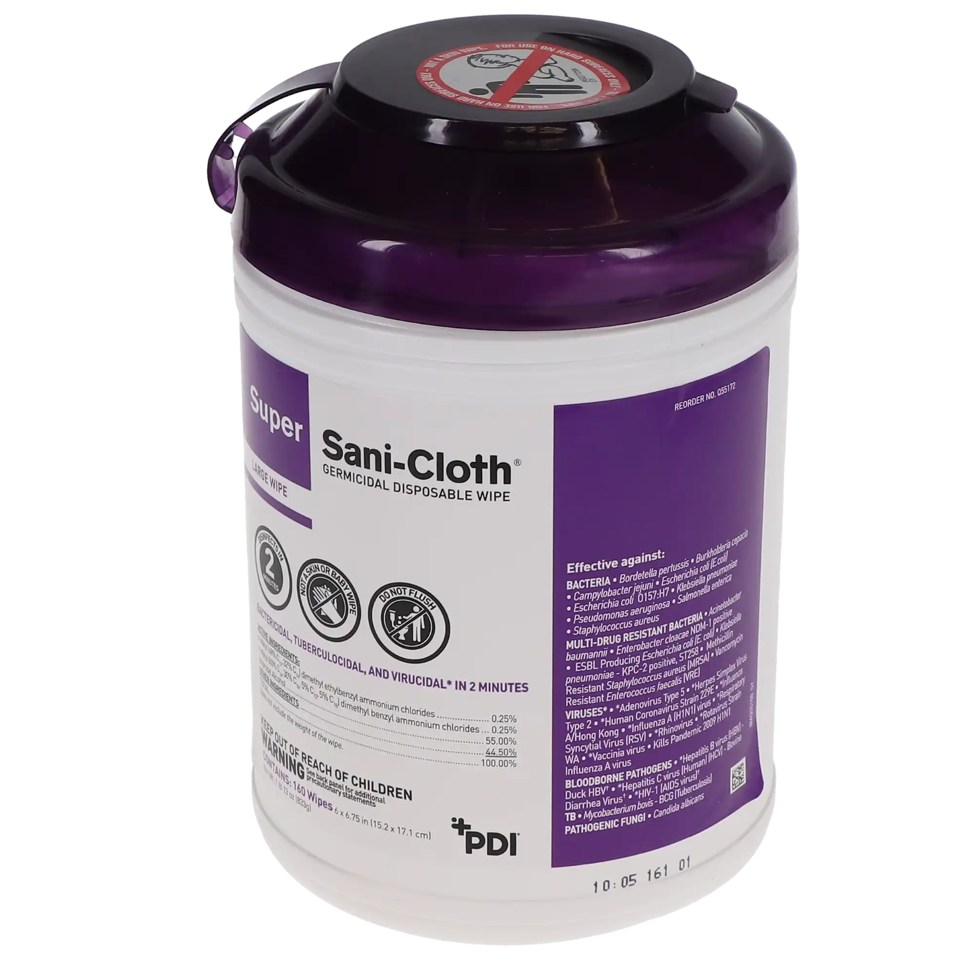 Super Sani-Cloth Germicidal Disposable Wipes, Large 6" x 6.75", 160/Canister, Q55172