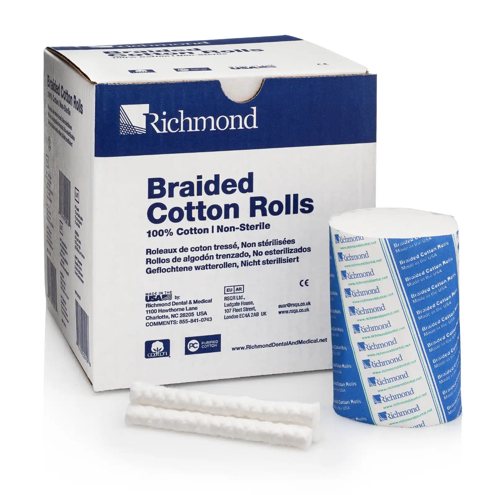 Richmond Dental Braided Cotton Rolls, Medium, 3/8" x 4", Non-Sterile, 250/Box, 201226