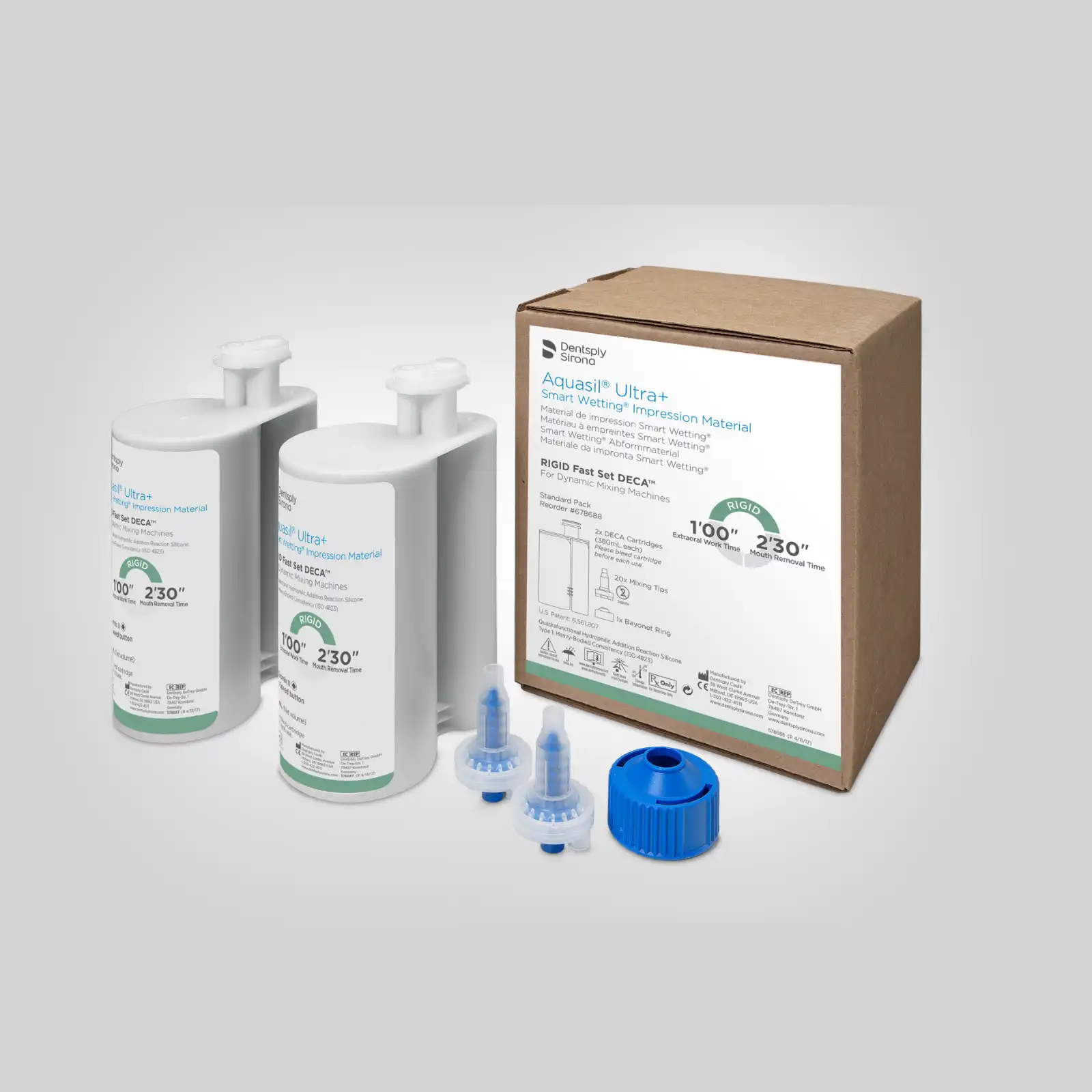 Aquasil Ultra+ DECA Smart Wetting VPS Impression Material, Cartridge Refill, Rigid, Fast Set, 380 ml, Mint/Light Green, 2/Pk