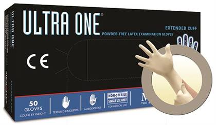 Ultra One Latex Exam Gloves, Powder-Free, Non-Sterile, Small, Natural, Textured, Extended Cuff, 50/Box, UL-315-S