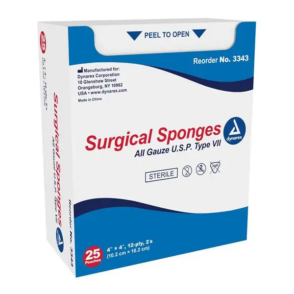 Dynarex Surgical Gauze Sponge, 4" x 4", 12 Ply, 50/Box, Item #3343
