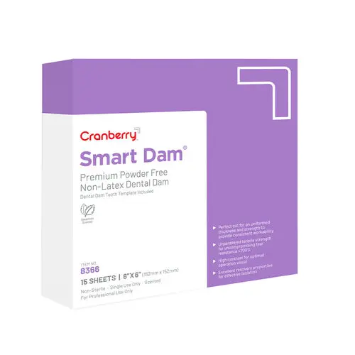 Cranberry Smart Dam Non-Latex Dental Dam, Spearmint Scented, 6" x 6", Purple, 15/Box, 8366