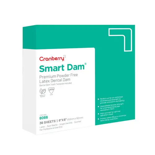 Cranberry Smart Dam Latex Dental Dam, 6" x 6", Powder-Free, Spearmint, Green, 36/Box, 8066