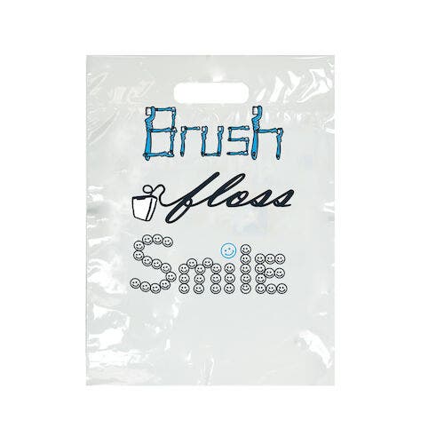 Sherman Specialty Large Brush/Floss Smile Take-Home Bag, 9" x 13", Blue/White, 100/Pkg, LBG11