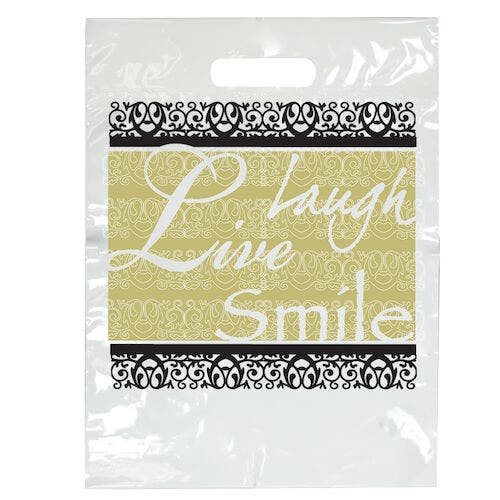 Sherman Specialty Fancy Laugh Take-Home Bags, Laugh Live Smile, White, 9" x 13", 100/Pkg, LBG98