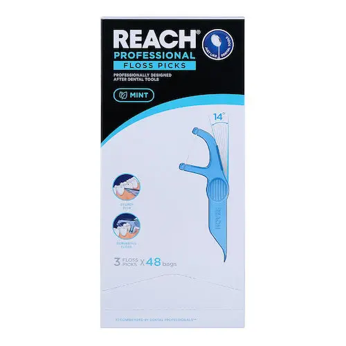 REACH Professional Interdental Flosser Picks, F-Shaped, With Pick, 3 Count Packs, 48 Packs/Pkg