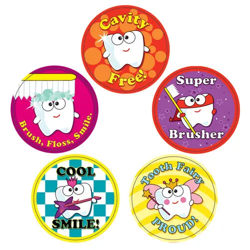 Sherman Specialty Dental Sticker Assortment, 2" Cute Tooth Stickers, 5 Designs, 100/Roll, PS540