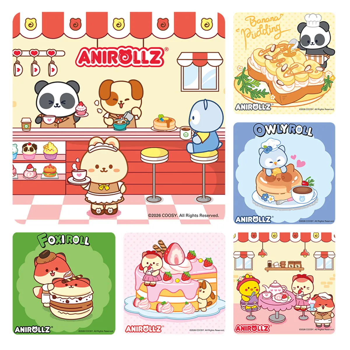 Anirollz Assorted Stickers Roll of 100, 2.5" x 2.5", PS824
