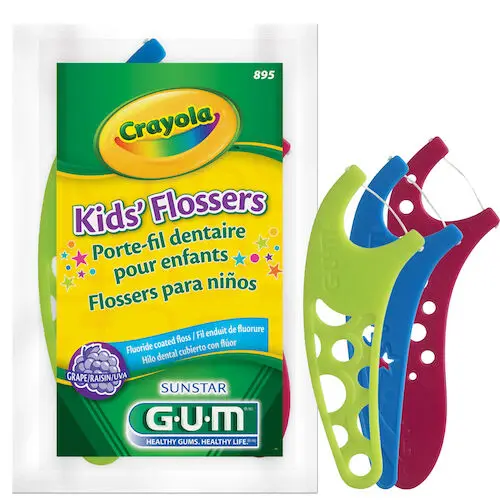 GUM Crayola Flossers, Grape Flavor, Fluoride Coated, Shred-Resistant, 3/Pk, 48 Packs/Box, 895PB