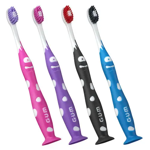 GUM Monsterz Junior Manual Toothbrush with Suction Cup, Ages 5+, Assorted Colors, 6/Bx, 902A