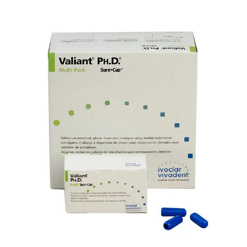 Valiant Ph.D. 2-Spill Dental Amalgam Alloy Capsules, Palladium-Enriched High Copper Dispersed Phase, 600 mg, Blue, 50/Pkg, 6050420