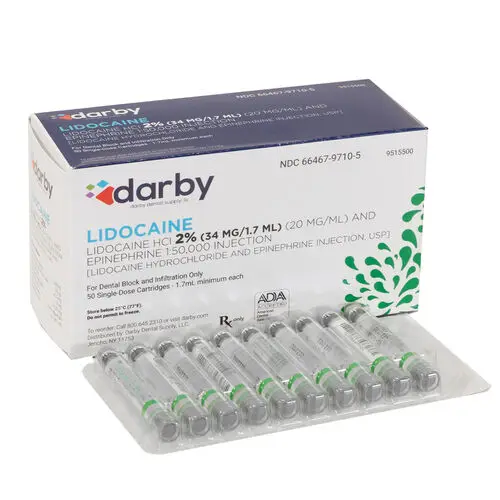 Lidocaine HCl 2% and Epinephrine 1:50,000 Injection, 50 Cartridges/Box, Green, 03A0050