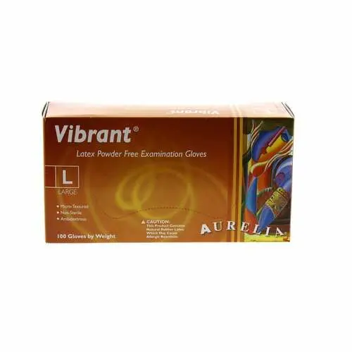 Aurelia Vibrant Powder Free Latex Exam Gloves, Large, Textured, Chlorinated, 100/Box, 98228