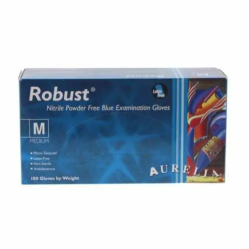 Aurelia® Robust™ Soft Nitrile Exam Gloves, Powder Free, Non-Sterile, Blue, Medium, 100/Box, 93897