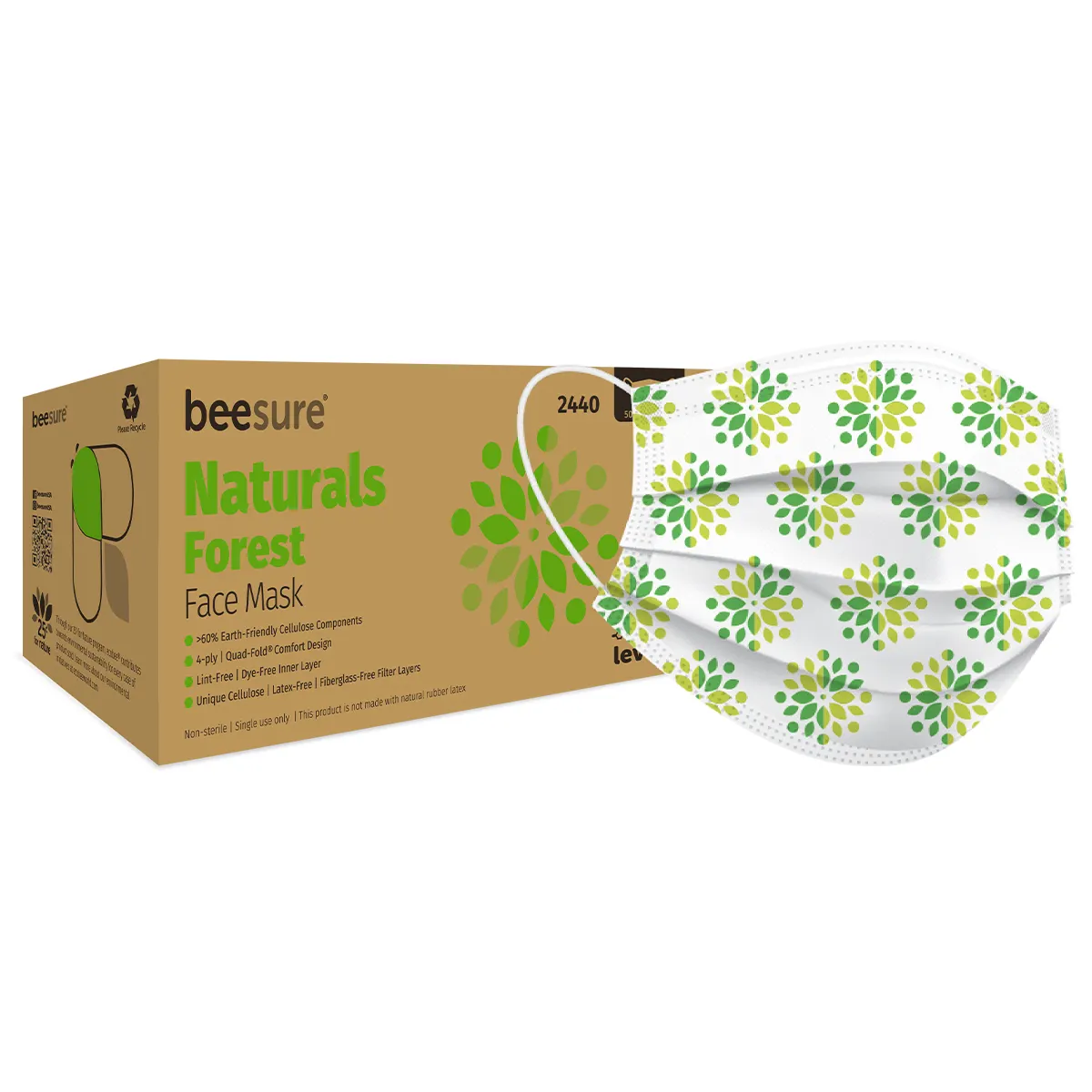 BeeSure Naturals Earloop Face Masks, Green, BE2440, 50/Box