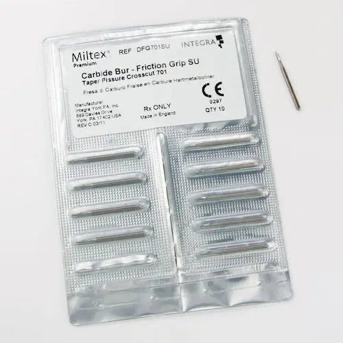 Miltex Integra #701 Flat End Tapered Cross-Cut FGSL Carbide Bur, Surgical Length, 10/Pk, DFG701SU